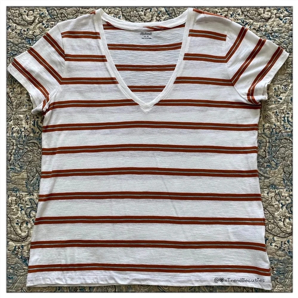 Soft Madewell Warm Nutmeg Striped Short Sleeve V-Neck Tee - Picture 2 of 4